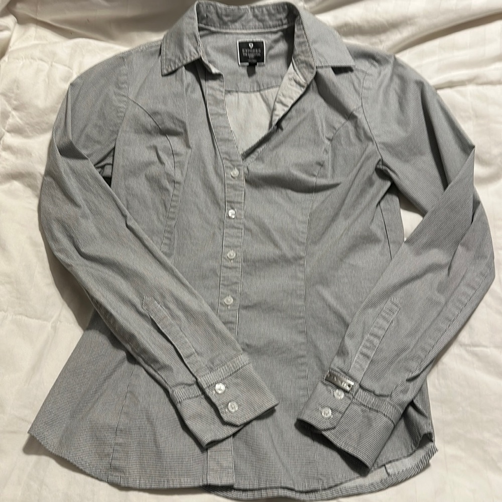 Express - The Essential Shirt Black & White Collared L/S Button Down Shirt - XS